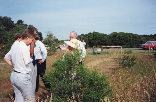 Photograph of people standing in front of a bush