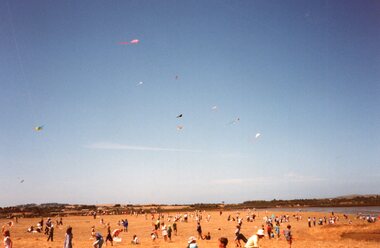 Photograph of people and kites on a beach
