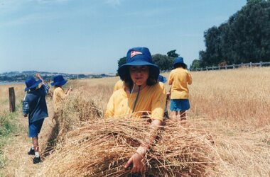 Photograph of schoolgirl carrying hay