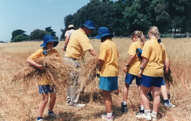 Photograph of school children and hay