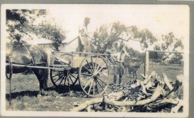 Photograph of two people, horse, and cart