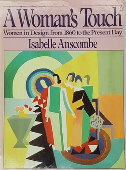 Five abstracted female figures stand against an abstracted background resembling interior. Above this is black text on a mauve background.