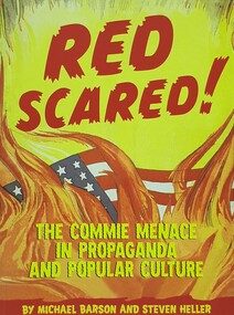 Yellow text runs across the bottom, under orange and red flames which lick an obscured American flag covered with yellow text, above which are red letters against a yellow background 