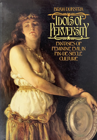 A woman in ancient dress resembling a mythic goddess with headresss, golden jewellery and long flowing hair holds a silver platter against a brown background.