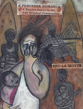 A painted image of a woman with her hand across her mouth holding a baby, a back view of a woman with a baby, another woman and a man sitting with a with lying across his lap.