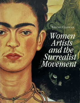 The face of a women with strong features and a unibrow fills the left side. A black cat sits on her shoulder below white text against a palm leaf on the right side .
