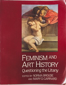 Against a red background  white text fills the bottom third . An image of a semi-nude women turns away from two old men whispering in her ear. ("Susannah and the Elders" by Artemisia Gentileschi)