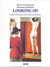 On the left a women stands at an easel painting a nude. To the right stands the nude she is painting - a back view with arms raised around her head.