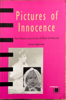 A bright pink cover with black vertical lines running down left side . A black and white image of a 19th century child with an inset of a more contemporary girl sits below yellow and black text.