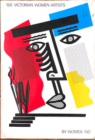 On a white background are floating areas of red, yellow and blue over which a black highly stylised face appears above art making tools and steps. Text runs along top and bottom of image.