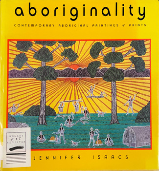  A bright yellow background with black text on the top and bottom. A central image shows the sun with rays extending across the water to a grassy bank where people are sitting at the fire, cooking goanna. Two big trees frame the activities. 