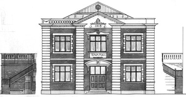 Plan of the facade of two storey building with Town Hall above the door and 1915 on the pediment.
