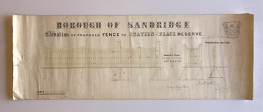 Hand drawn plan for a picket fence showing elevation, ground plan of posts and transverse section.