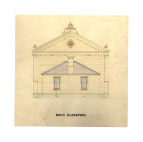 Hand-drawn and coloured plan showing the back elevation of a building.
