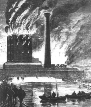 Black & white sketch of a large building on fire. People can be seen watching from the side lines. 