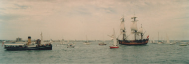 Photograph - Panorama of Replica Endeavour and steam tug Wattle at Station Pier, Pat Grainger, Dec 1995