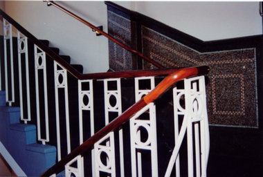 432.19 - Detail of interior stairway at former J Kitchen & Sons Administration building showing recurring motif of circle and square, 1996