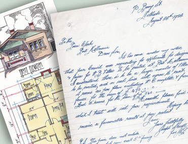 Partly visible handwritten letter partly covering the front elevation and floor plan of a house.