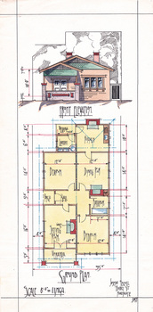 Front elevation and floor plan for a house.