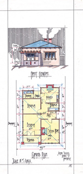 Front elevation and floor plan for a house.