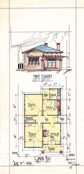 Front elevation and floor plan for a house.