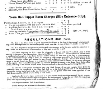 Printed document detailing charges for the use of the Town Hall Supper Room and regulations for using both halls.