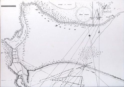 Sketched map showing vacant land within the bend of a river with a dotted track cutting across the land from the beachfront to the river further upstream.