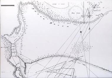 Sketched map showing vacant land within the bend of a river with a dotted track cutting across the land from the beachfront to the river further upstream.
