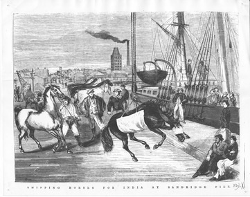 A horse in a sling being loaded onto a sailing ship. A man holds the next horse to be loaded and there are several more horses lined up on the wharf. There are several men on the pier and in the ship either involved in the activity or watching proceedings. A township with a church and a factory with a tall chimney are in the background.