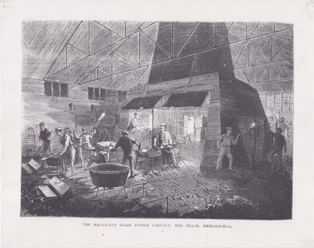 Several men around a large furnace in various stages of the glass blowing process.