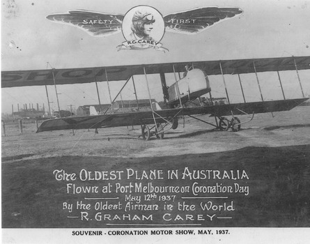 A biplane on the ground with the caption 'The Oldest Plane in Australia' and details of R Graham Carey's flight.