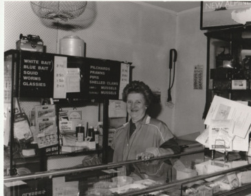 Photograph - Betty Rohan at 'Thirst Aid' kiosk, Station Pier, Port Melbourne, Lloyd Holmes, 1991