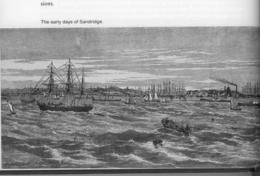 Sea scene with many sailing ships and smaller boats viewed from the sea looking towards the land.