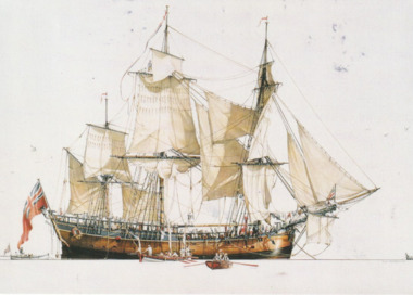 Postcard - Painting of HM Bark Endeavour, Ross Shardlow, 1994
