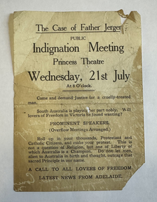 Flyer - Notice, Public Indignation Meeting, Princess Theatre, The Case of Father Jergen, Jul 1922