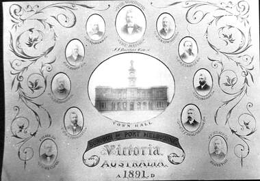 Decorated montage of oval photographs of eleven men (Port Melbourne mayor, councillors, town clerk and surveyor) placed around a larger oval photograph of Port Melbourne Town Hall.