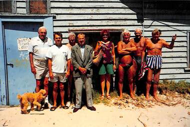 Group of people, some in bathing suits, c 1990