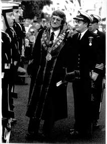 Photograph - Cr Perce WHITE in Mayoral robes inspecting Naval Guard of Honour, Port Melbourne, 1980s