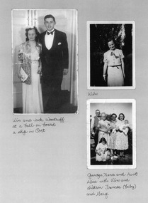 Three photos on a page with handwritten captions. Top left: Woman and man posing in formal dress. Top right: A women standing in front of tress or bushes. Bottom right: Four adults stand posing for the camera, a man and three women. The woman on the right is holding a young child in her arms. An older girl is sitting on the ground in front of the group holding a doll.