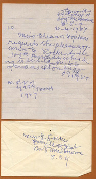 1748.02 - Handwritten invitation to Elenor Hopkins' 100th birthday celebrations