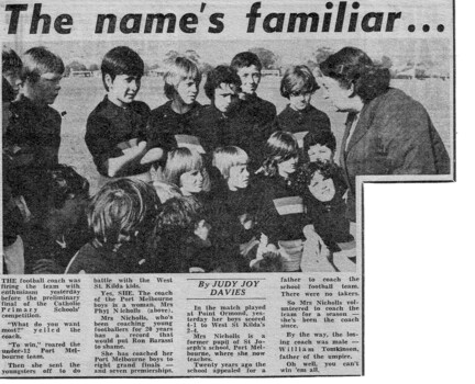 Newspaper article including a photograph of a woman addressing a group of young male footballers.