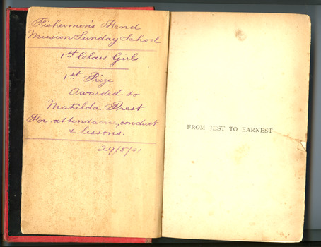 2331 - Fishermen's Bend Mission Sunday School 1st prize awarded to Matilda Prest for attendance, conduct and lessons.  29/05/1901