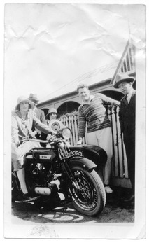 2348 - Group of people posing with a BSA motorbike with sidecar, 1930s