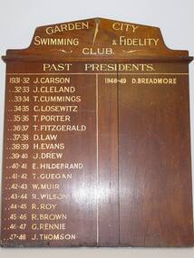 2395 - Honour board of Garden City Swimming and Fidelity Club.  Past Presidents 1931 to 1949