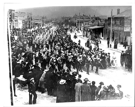 2413.03 -  The "Great White Fleet".  Marching and led by naval band at curve to Crockford St, 1908