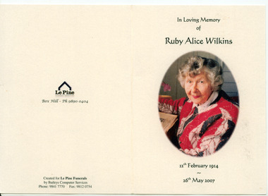 2437.01 - Memorial card for Ruby Alice Wilkins (nee Turner)