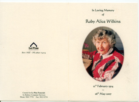 2437.01 - Cover of memorial card for Ruby Alice Wilkins (nee Turner)