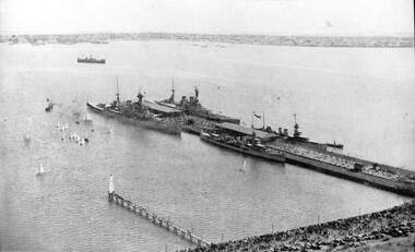 Photograph - Aerial view of HMS Hood (outer east), HMS Repulse (outer west) with escorts Delhi and Danae, Princes Pier, Port Melbourne, Mar 1924
