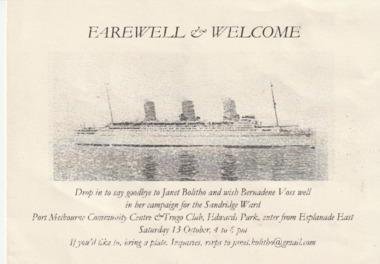 Document - Invitation, function for retiring councillor, Janet BOLITHO and incoming councillor, Bernadene VOSS, Janet Bolitho, Farewell and welcome