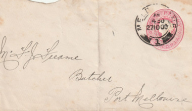 Document - Envelope, Addressed to Mr F J Freame, Butcher, Port Melbourne, 1900